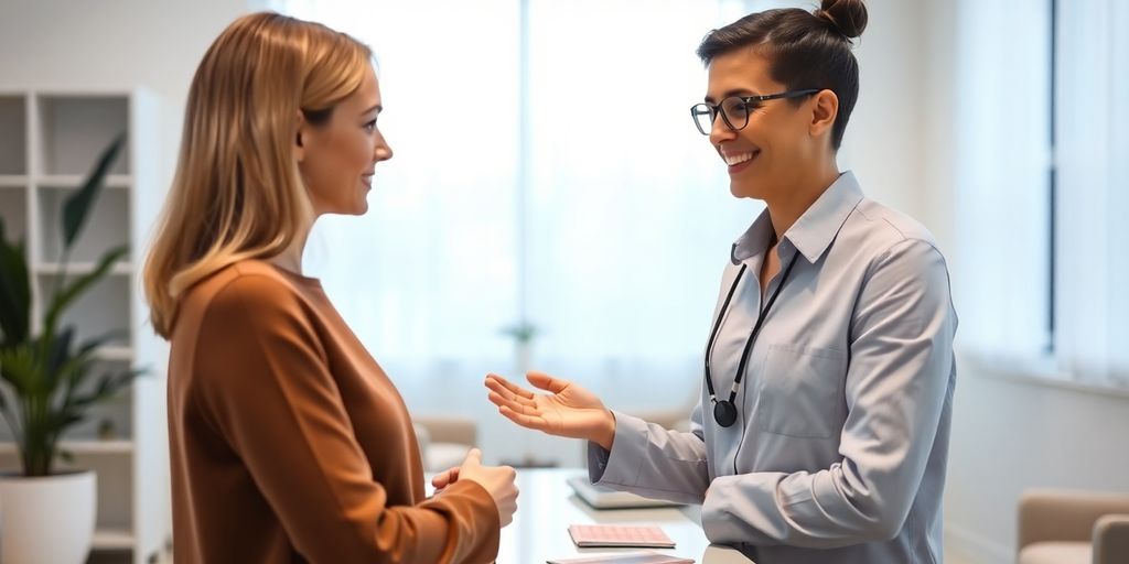 AI receptionist assisting therapy client in modern office.