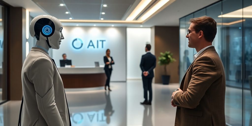 AI receptionist assisting clients in a modern office setting.
