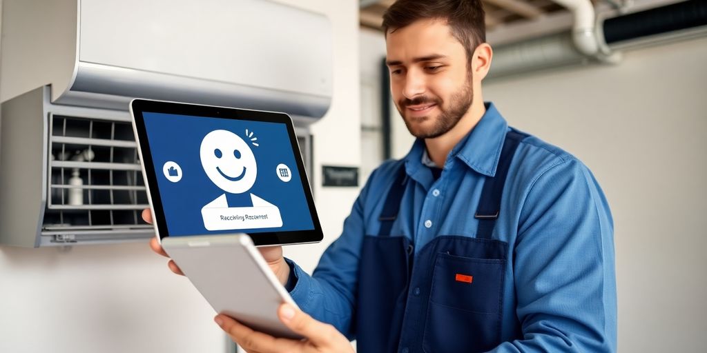HVAC technician using AI receptionist on tablet.