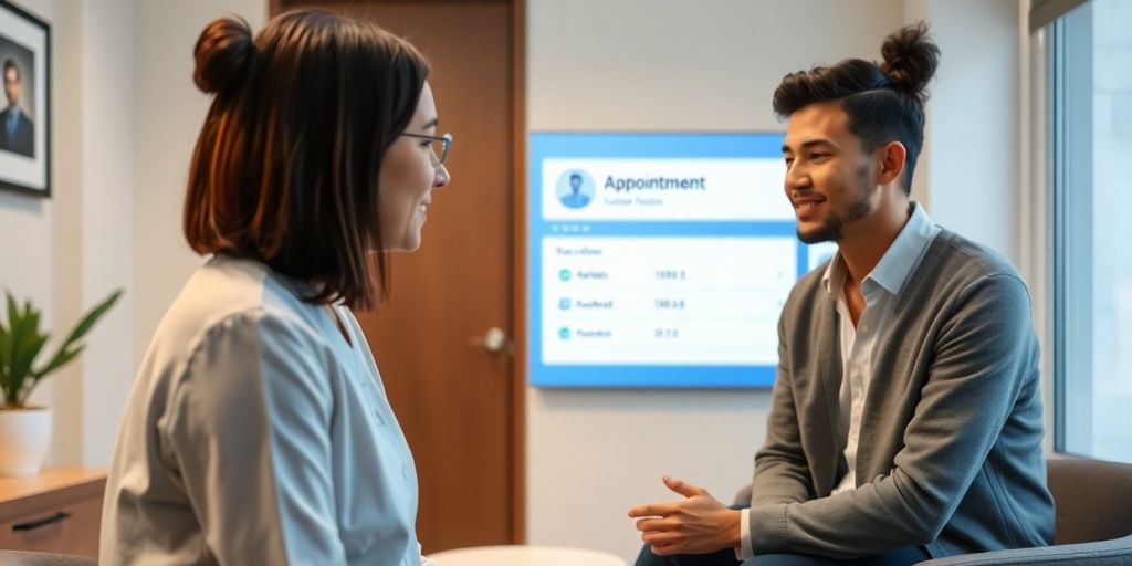 Therapist speaking with patient, AI receptionist interface visible.