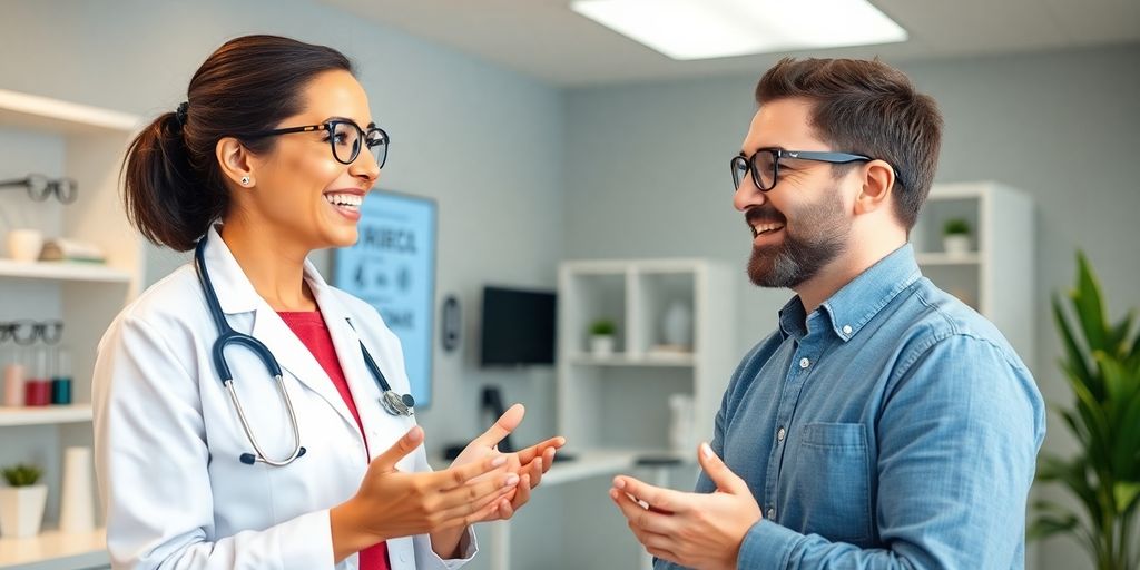 Optometrist smiling interacting with a patient.