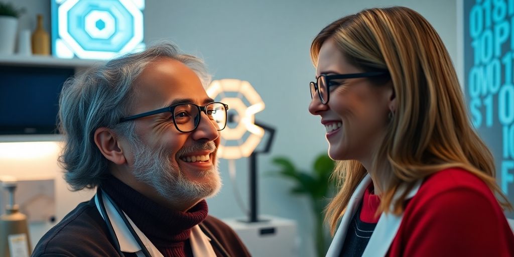 Optometrist shaking hands with happy patient, AI interface subtly visible.