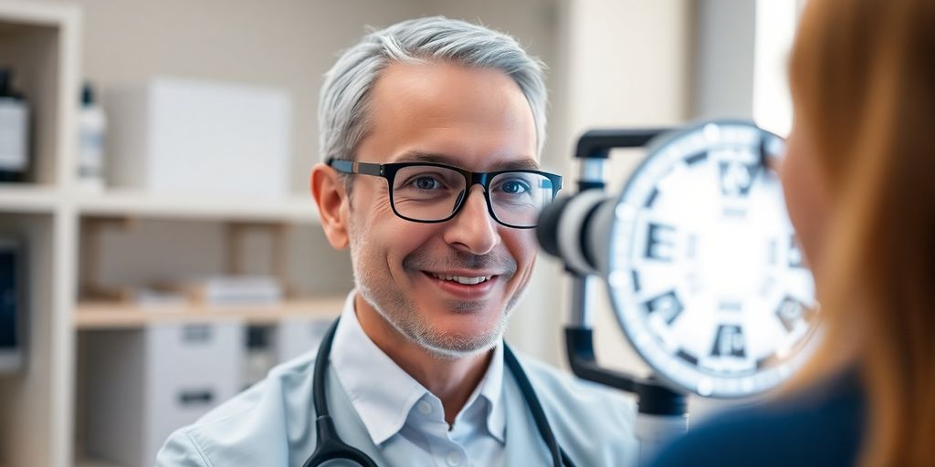 Smiling patient interacts with an AI receptionist interface.