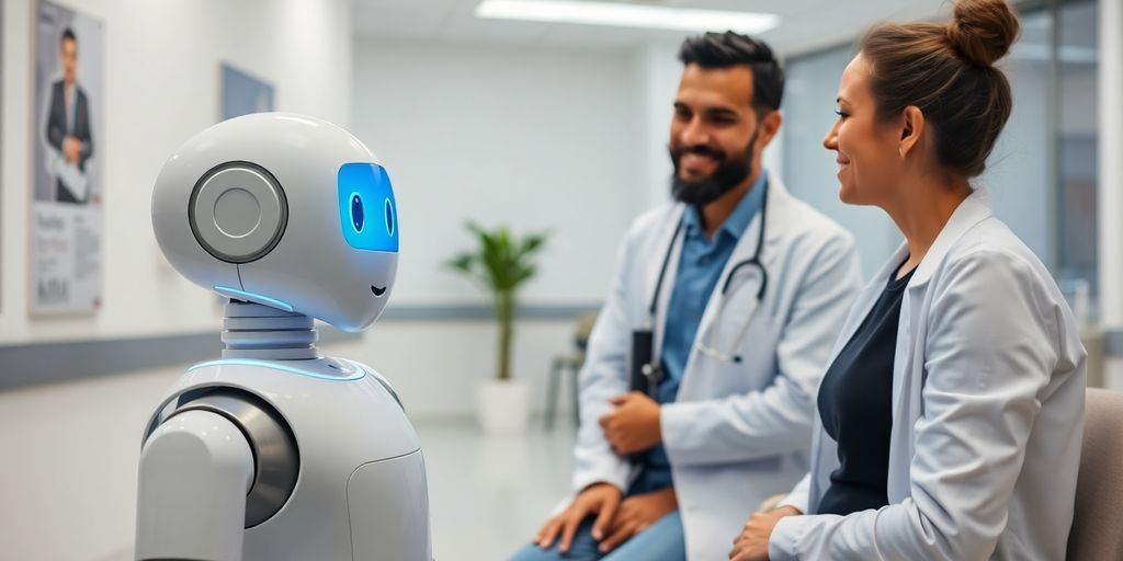 AI receptionist assisting a physiotherapist and patient.