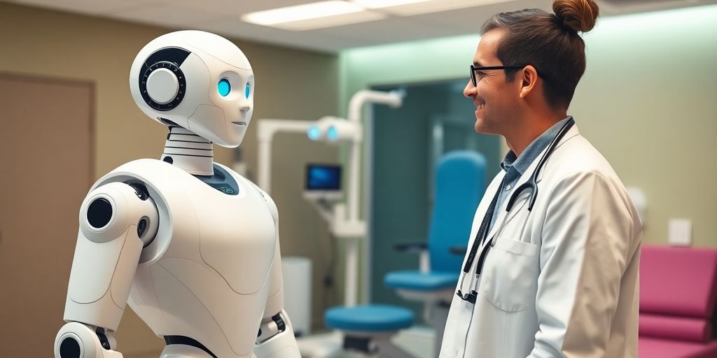 Physiotherapist and AI robot interacting in clinic.