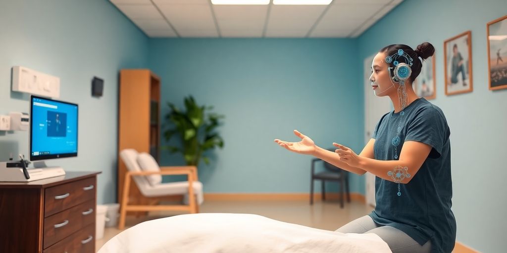 Physiotherapist interacting with a modern digital interface.
