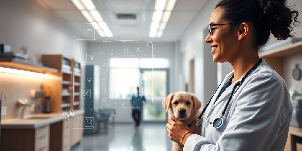 Veterinarian and AI interacting seamlessly in a clinic.