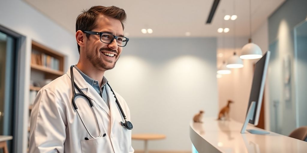 Veterinarian and AI interacting in a clinic setting.