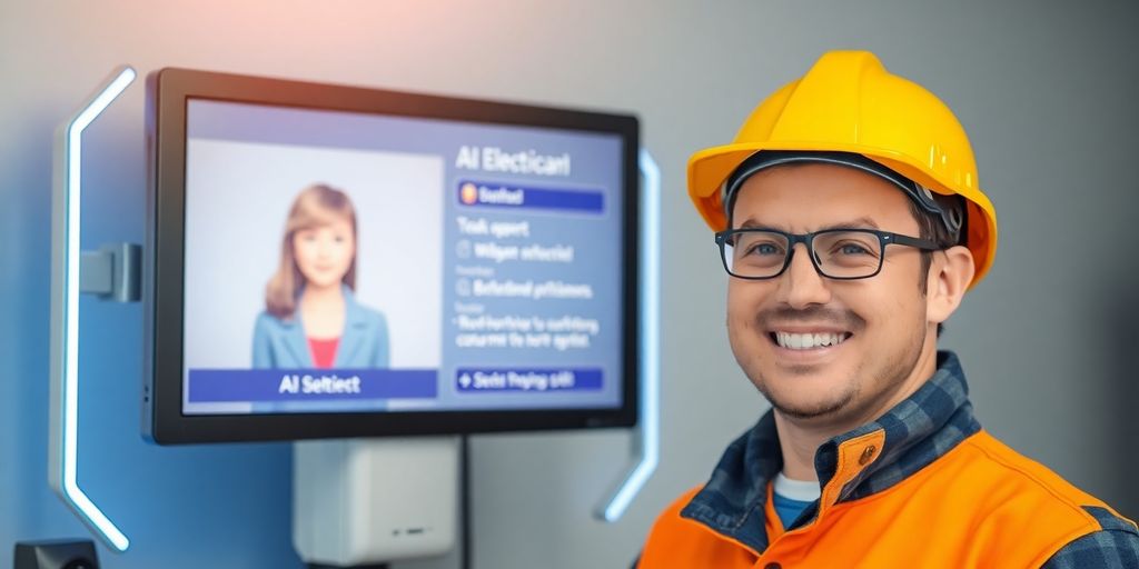 Electrician with AI receptionist on screen