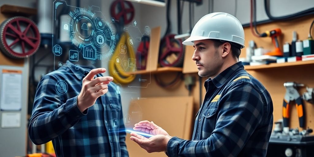 Electrician working with futuristic AI receptionist interface.