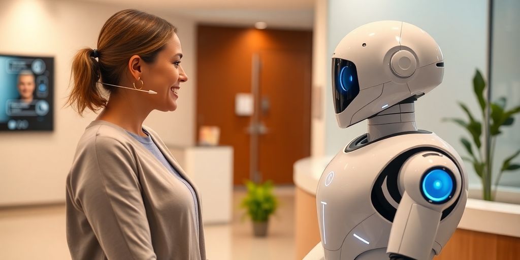 AI receptionist greeting patient in a modern hearing center.