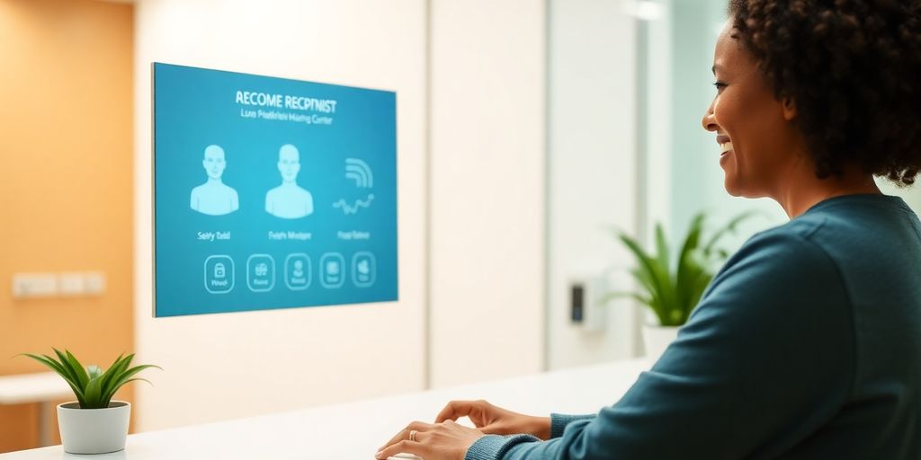 AI receptionist greeting a patient warmly.