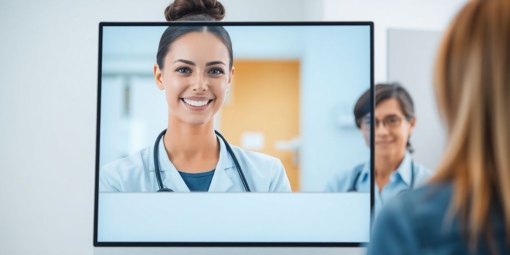 Smiling receptionist assisting patient at a clinic.