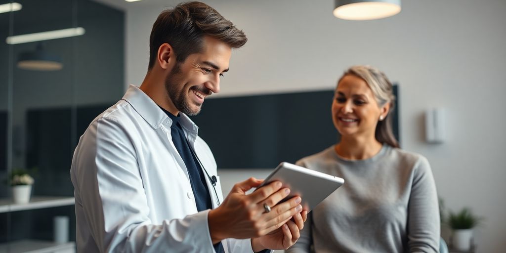 Chiropractor interacting with patient while AI receptionist screen displays.
