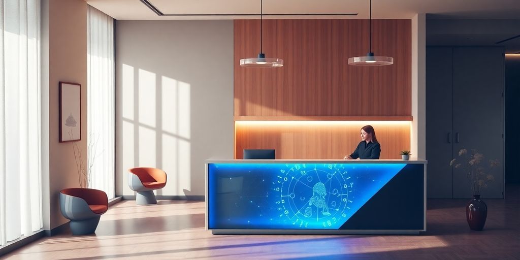 Law office receptionist desk with AI interface.