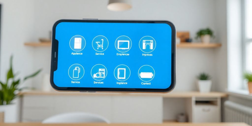 Smartphone displaying an AI interface with appliance icons.