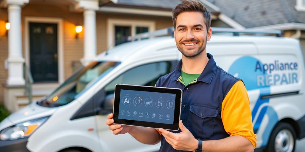 Appliance repair technician using a tablet with AI interface.