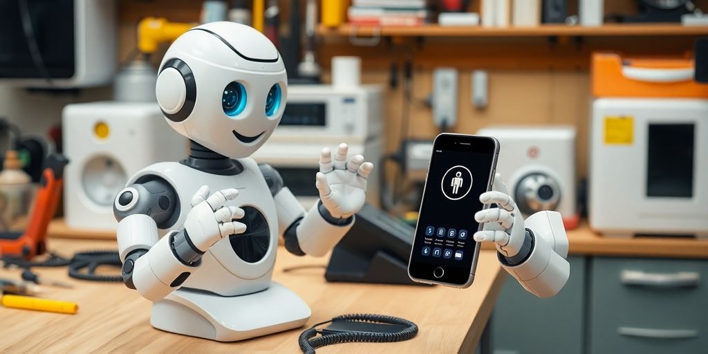 Appliance repairman talking to AI chatbot on phone.