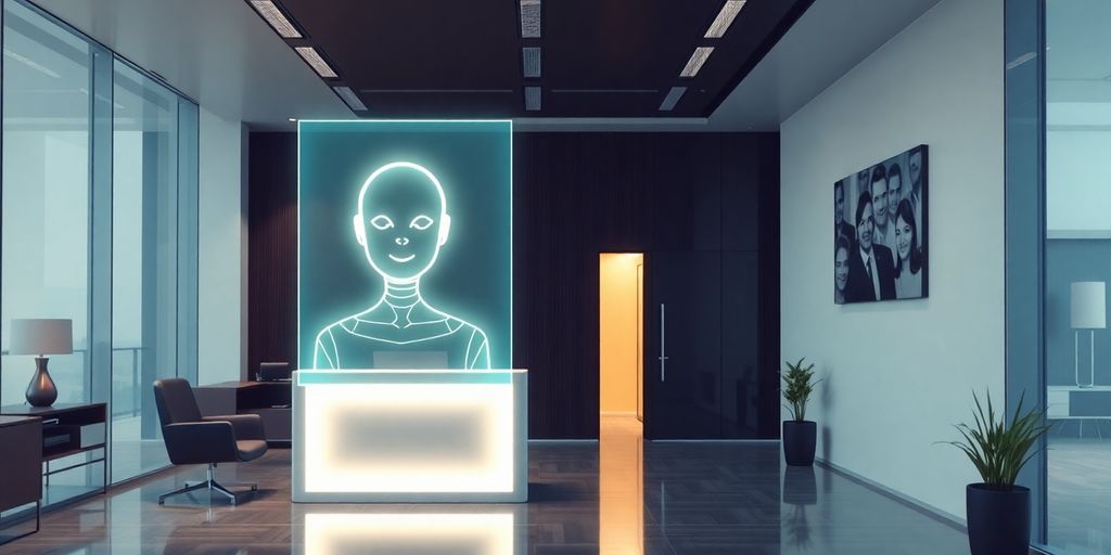 Futuristic law office with AI receptionist.