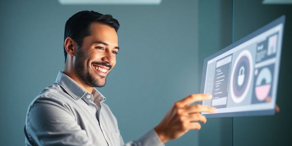 Smiling professional answering a glowing digital interface.