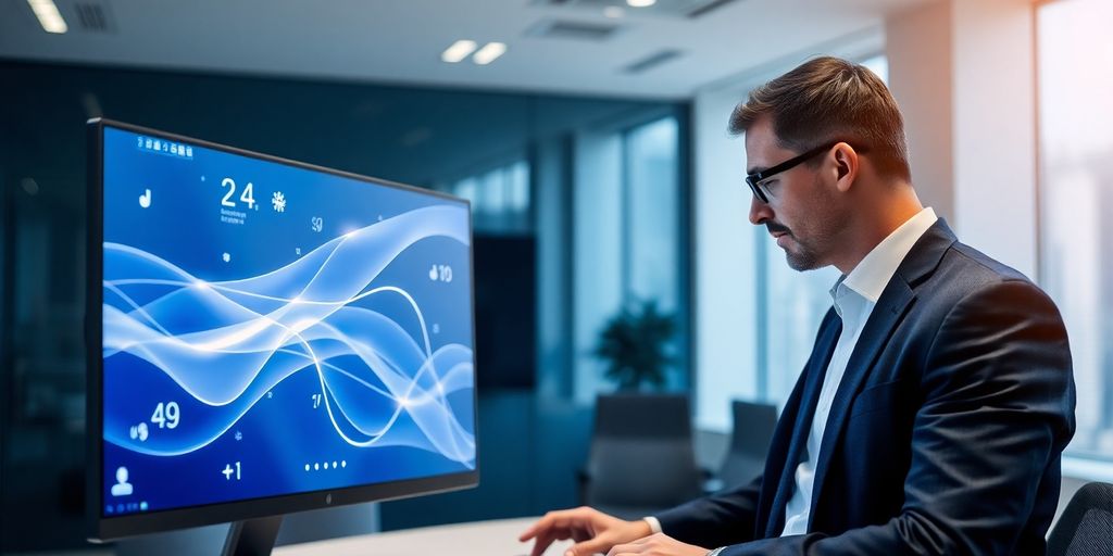 Lawyer using AI receptionist computer.