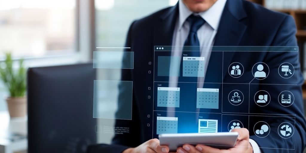 Lawyer interacting with AI scheduler on a screen.