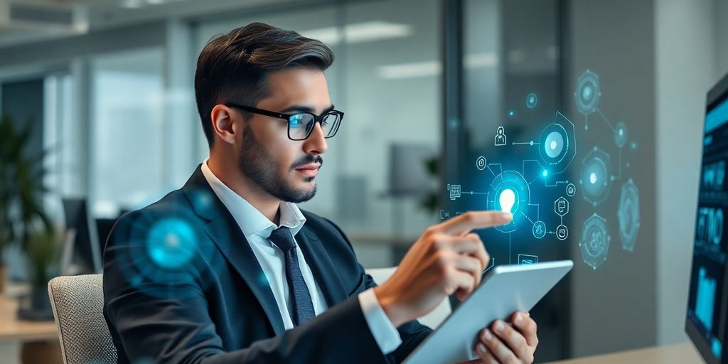 Lawyer reviewing data with futuristic AI interface.