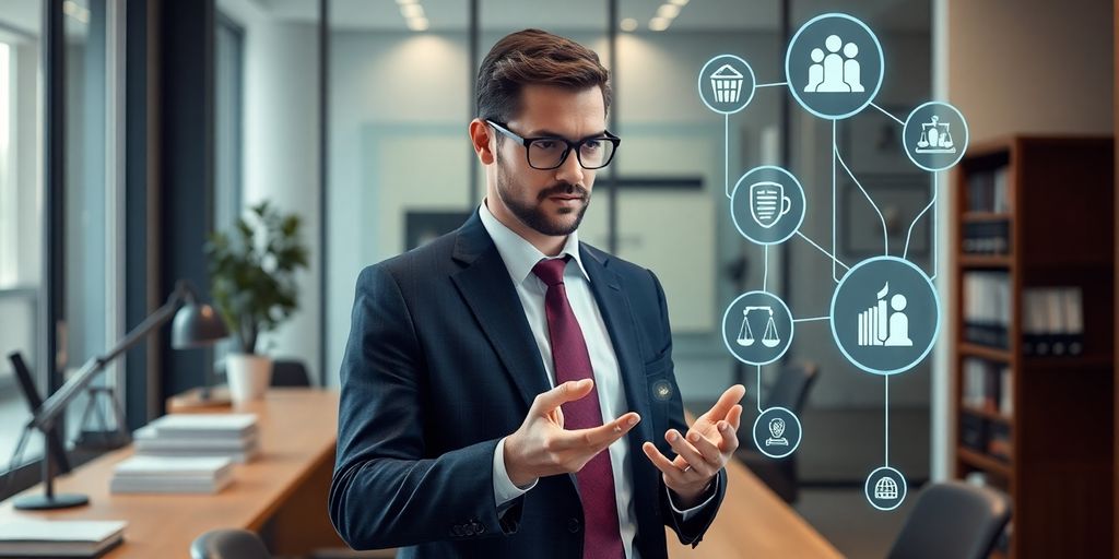 Lawyer using AI receptionist interface.