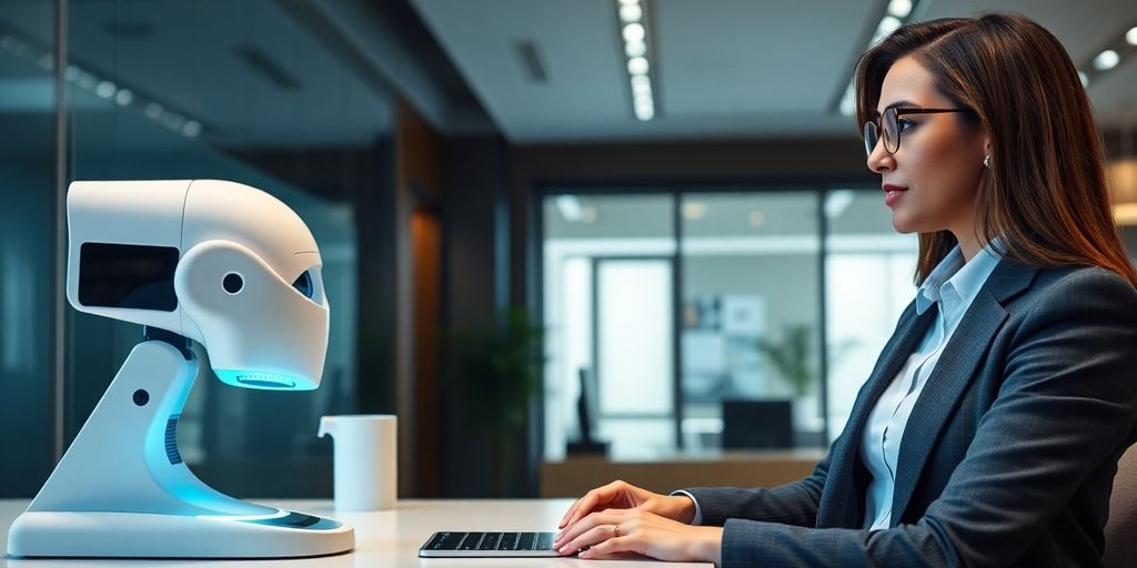 Family lawyer using AI receptionist device.
