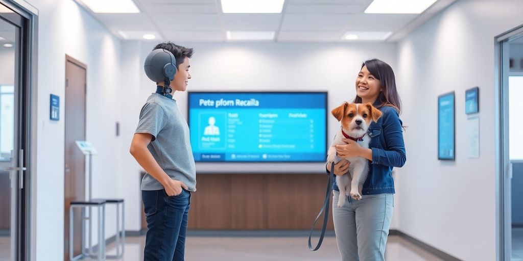 Friendly AI receptionist assisting a happy dog owner.