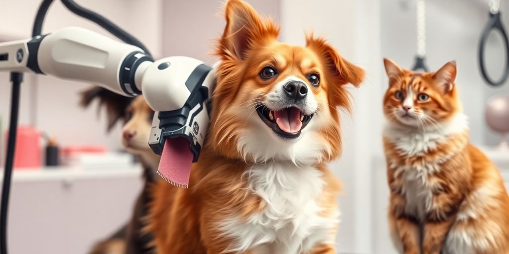 Dog and cat getting groomed by AI.