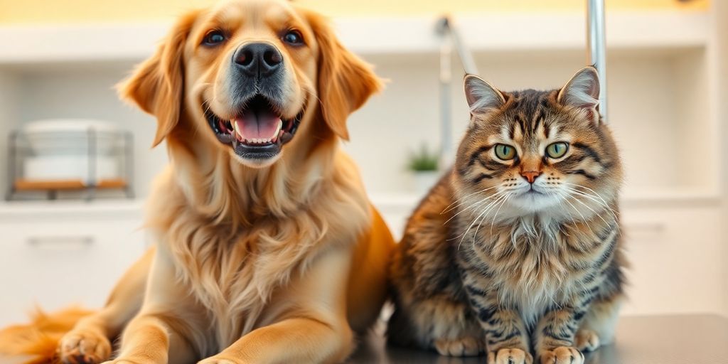 Happy dog and cat at pet grooming appointment.