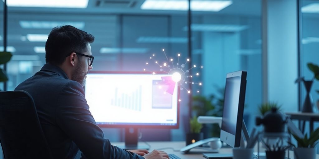 Accountant at desk with AI receptionist hologram.