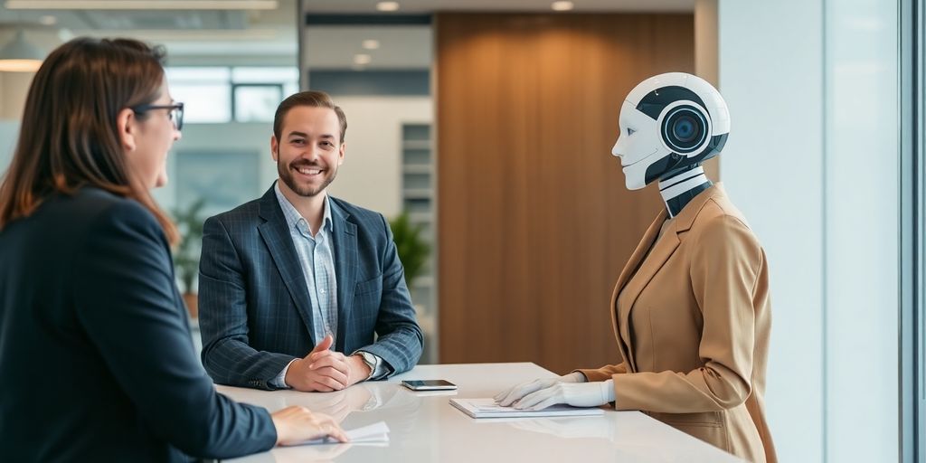 Professional discussing with AI receptionist.