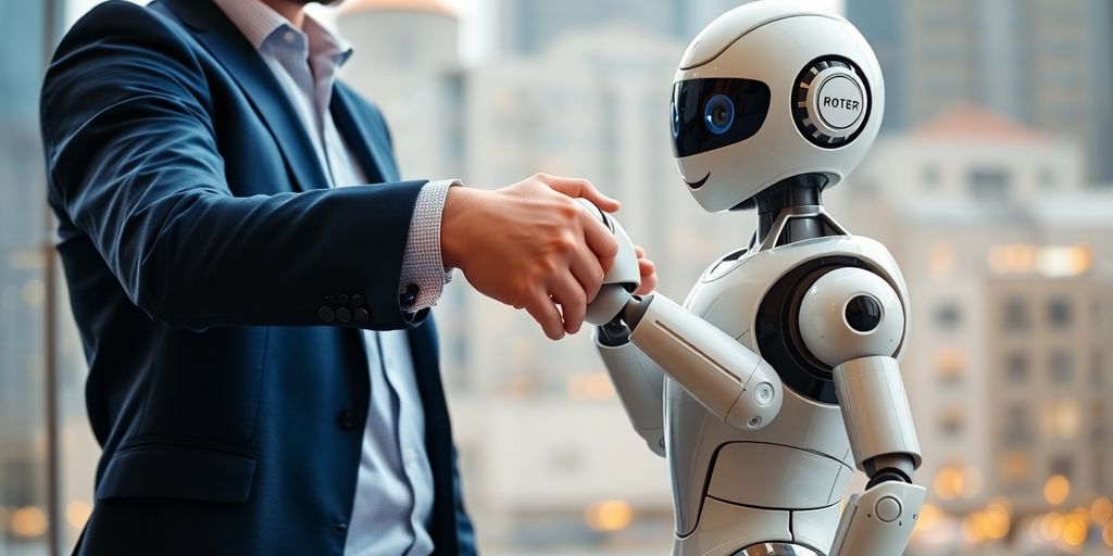 Real estate agent shaking hands with AI robot.