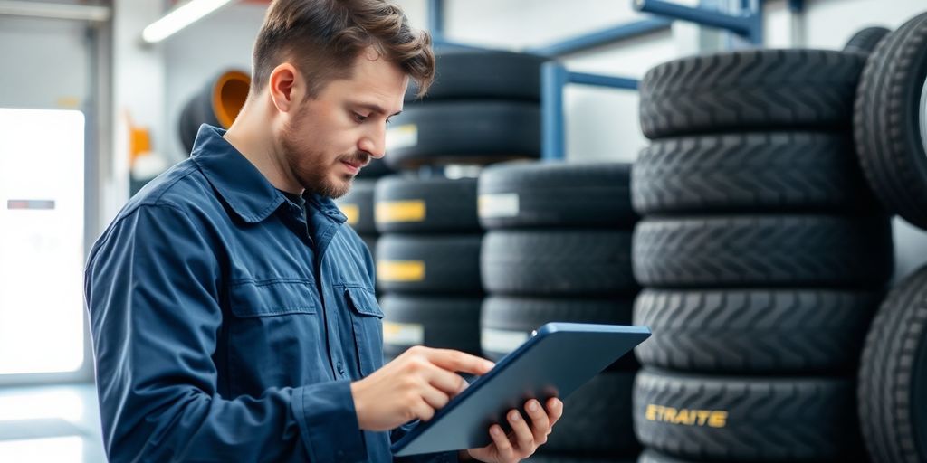 Tire shop mechanic using a tablet.