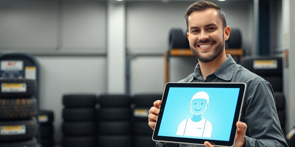 Mechanic using AI receptionist tablet in a tire shop.