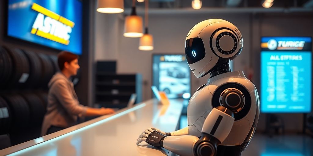 Tire shop reception area with a friendly AI robot assisting a customer.