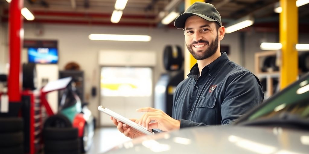 Tire shop technician interacting with AI interface.