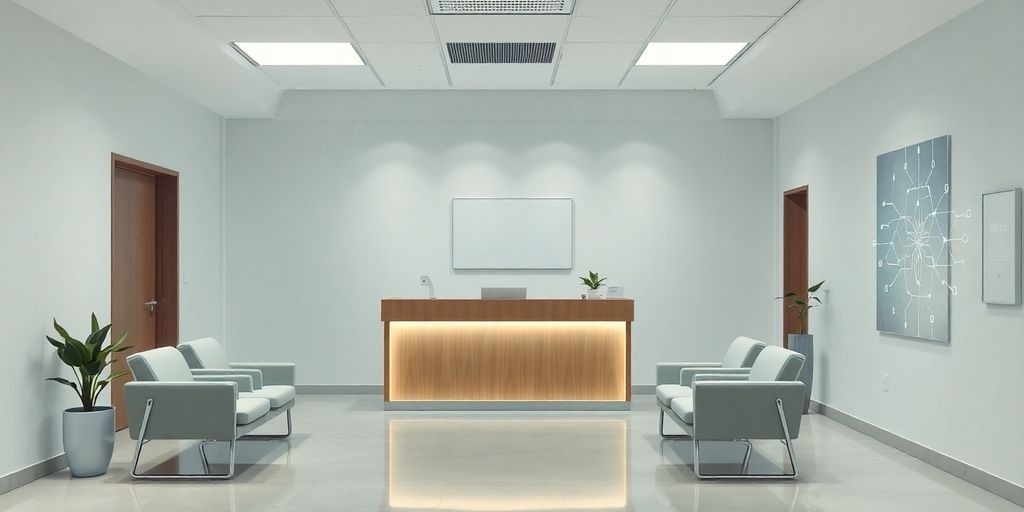 Clinic reception desk with a friendly AI assistant.
