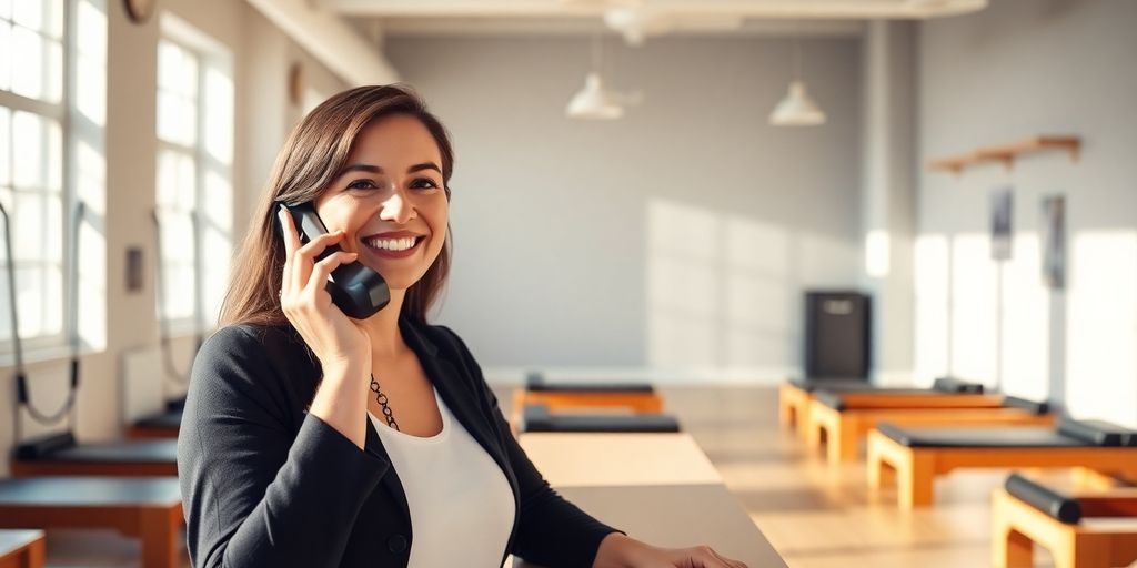 Pilates instructor answering phone with a smile.