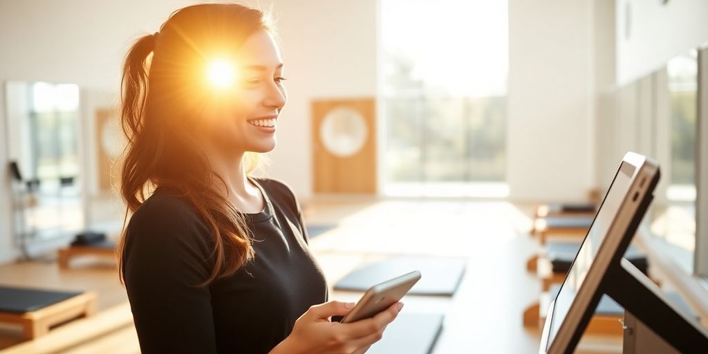 Pilates studio owner smiling near a modern phone.