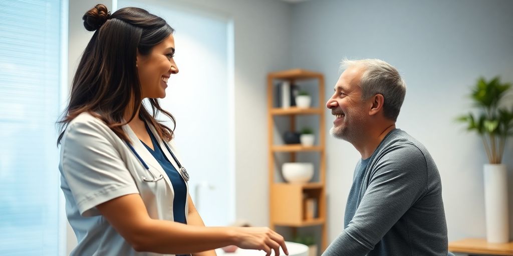 Chiropractor smiling with a patient on a phone.