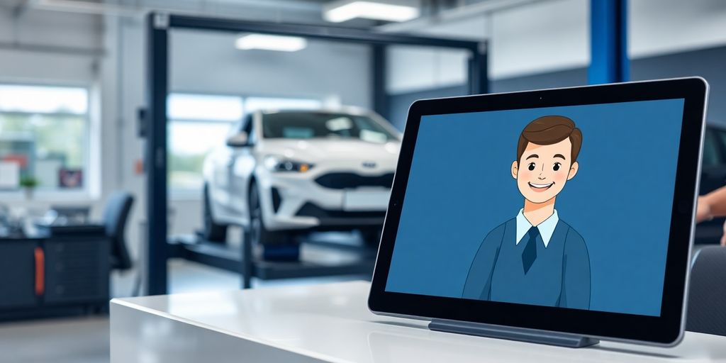 Mechanic talking to AI receptionist on phone.