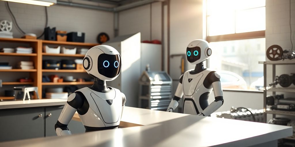 Auto repair shop desk with a friendly AI robot assistant.