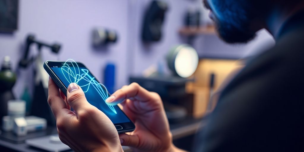 Tattoo artist using a smartphone with AI.