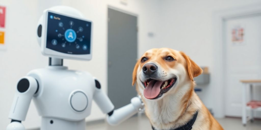 Dog happily interacts with a futuristic AI receptionist.