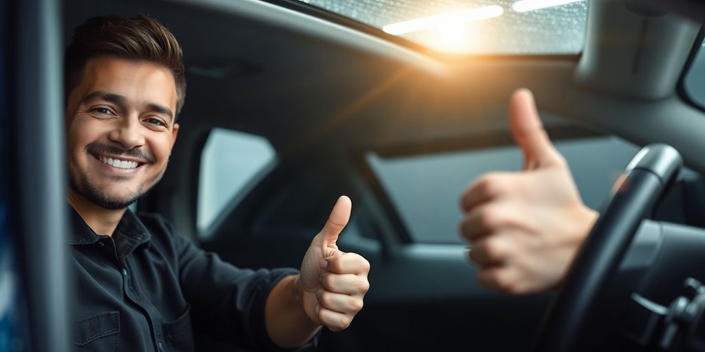 Clean car interior with a smiling person.
