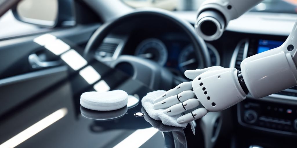 Car being detailed with a robot assistant.