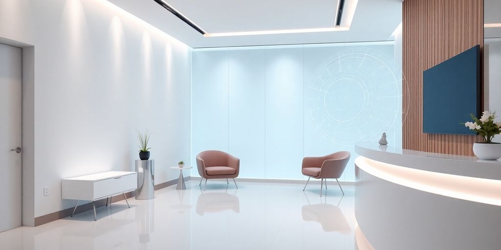 Cosmetic clinic reception desk with glowing digital interface.